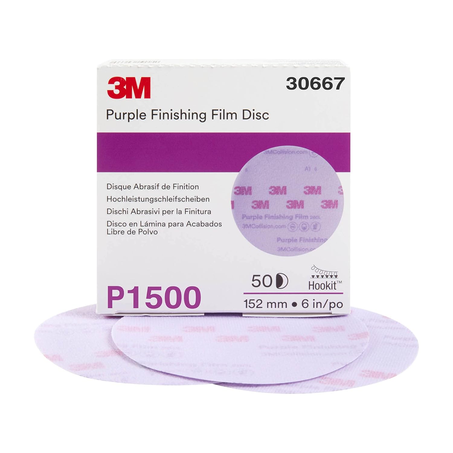 3M Hookit Purple Finishing Film Abrasive Disc 30667, 6 in, 1500+ Grade, 50 Pack, Clear Coat Sanding, Paint Finishing, Defect Removal, Long Lasting