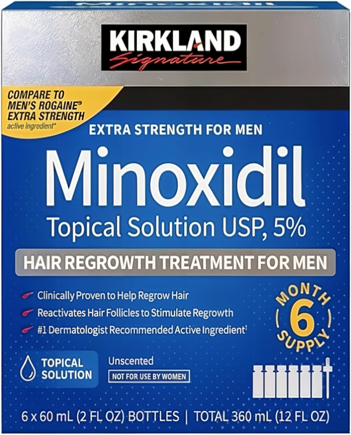 KIRKLAND Signature Minoxidil 5% Hair Regrowth Treatment for Men | 6 Months Supply | Topical Solution | Extra Strength | Clinically Proven | Unscented Drops | Dropper Included
