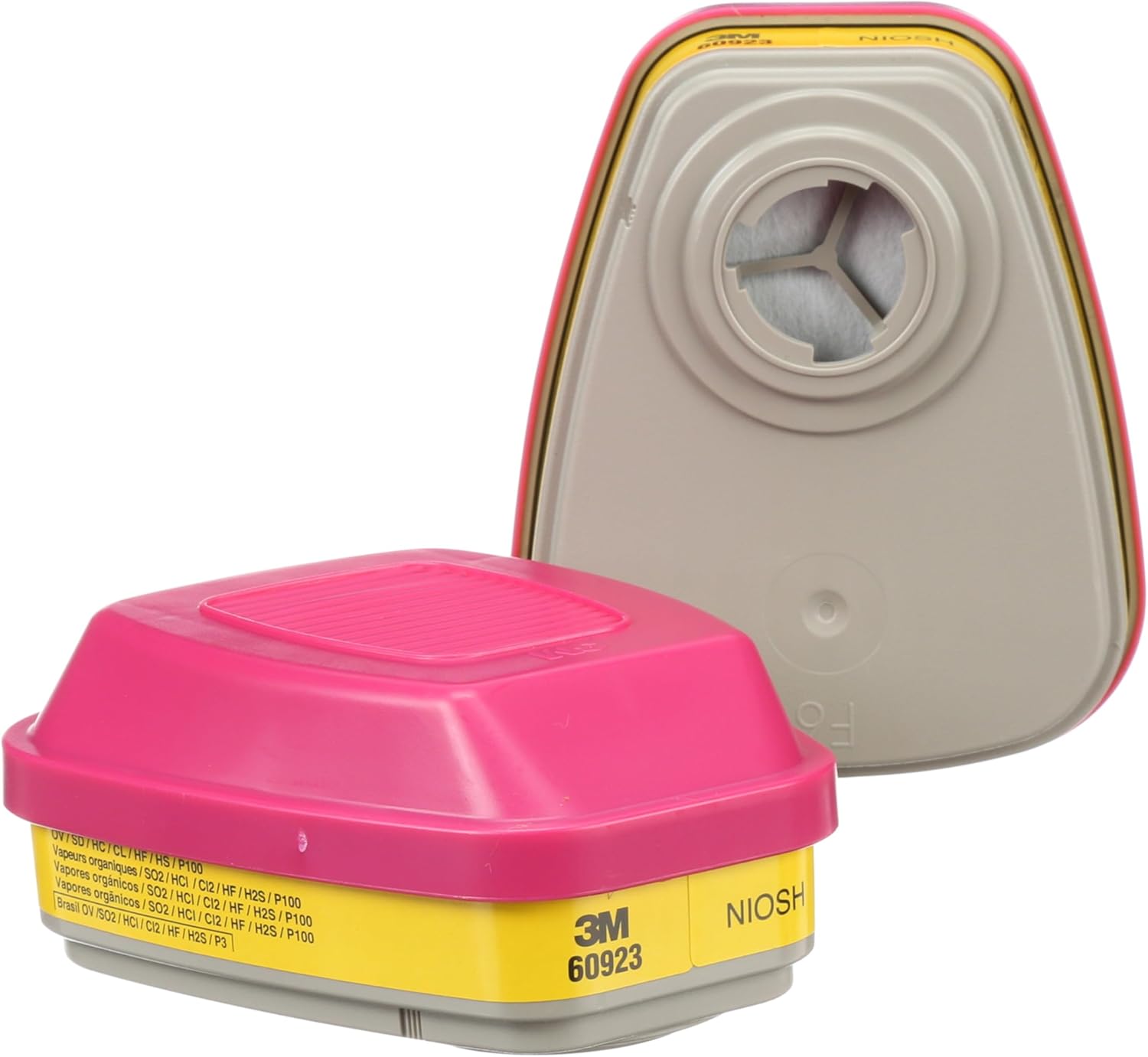 3M P100 Respirator Cartridge/Filter 60923, 1 Pair, NIOSH Approved, Helps Protect Against Organic Vapors, Acid Gases, and Particulates, Magenta, Yellow