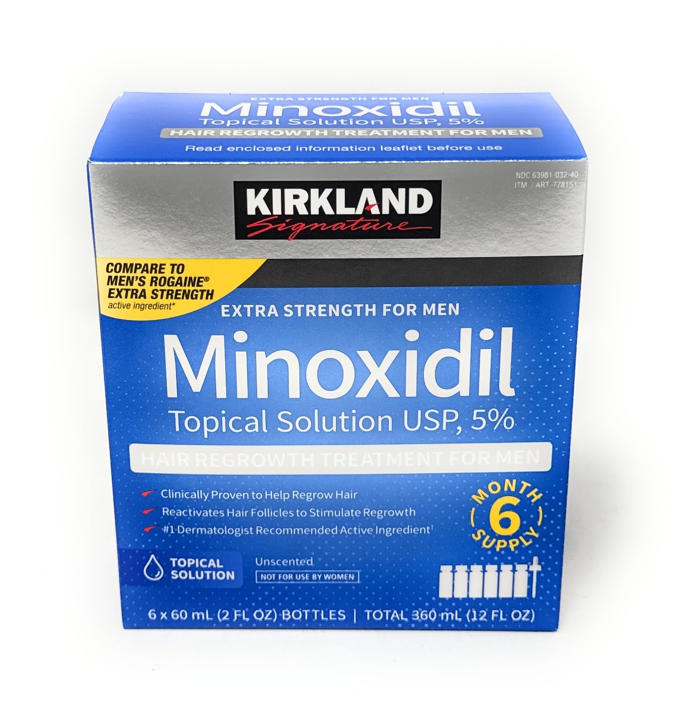 Kirkland Signature Minoxidil Topical Solution USP 5%, Extra Strength Hair Regrowth Treatment for Men, 6 Months Supply