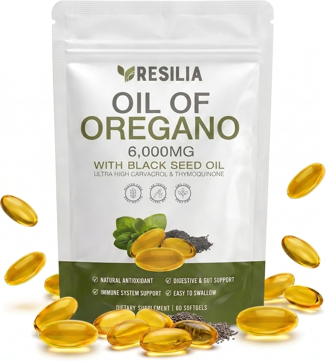 Resilia Softgels with Black Seed Oil 6000mg – Premium Grade Oregano Oil Capsules for Immune & Digestive Support – Non-GMO, Gluten-Free Softgels –...