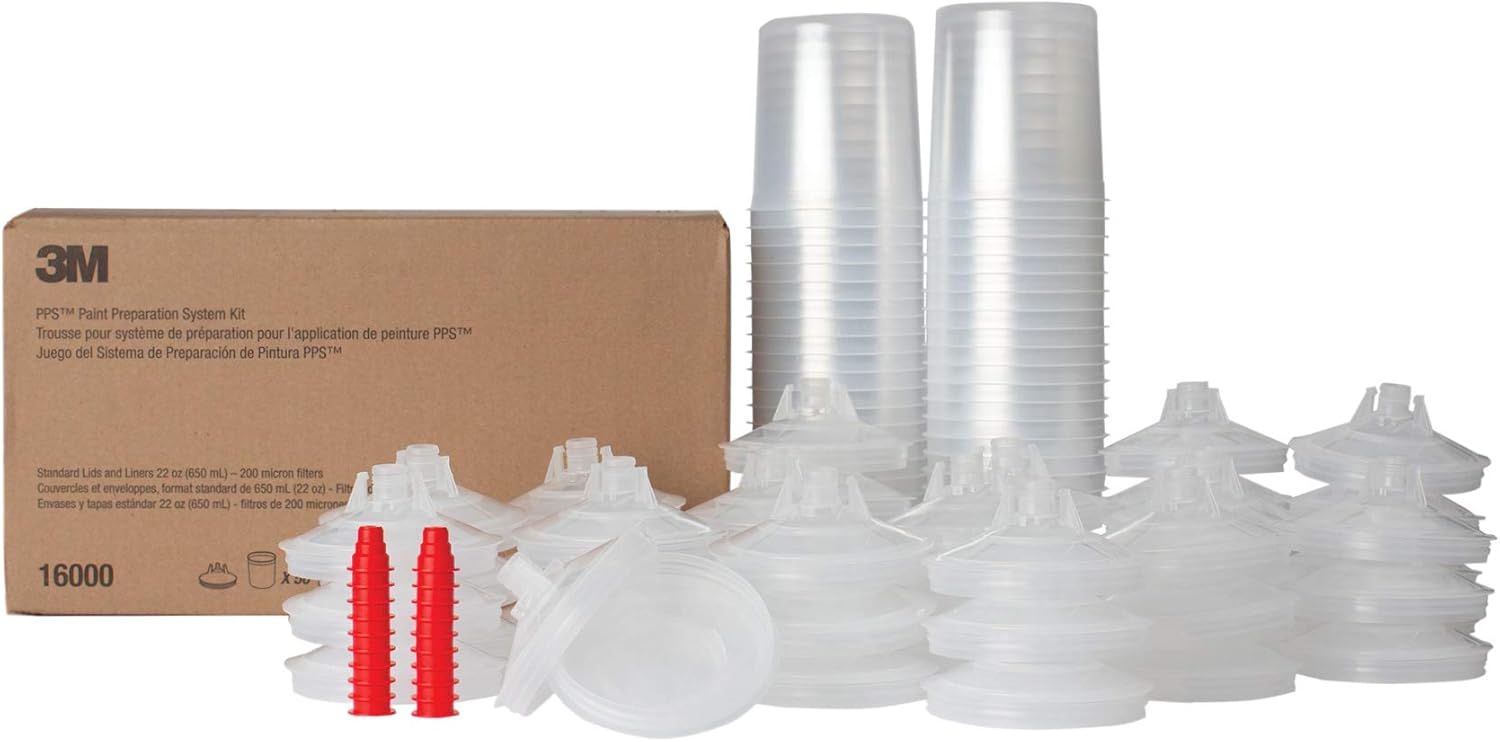 3M PPS (Original Series) Paint Spray Gun Cup Lids and Liners Kit, 16000, Standard, 22 oz, 200-micron Filter, Use w/ Paint Gun for Cars, Furniture, Home, 50 Disposable Lids and Liners, 20 Sealing Plugs, Factory